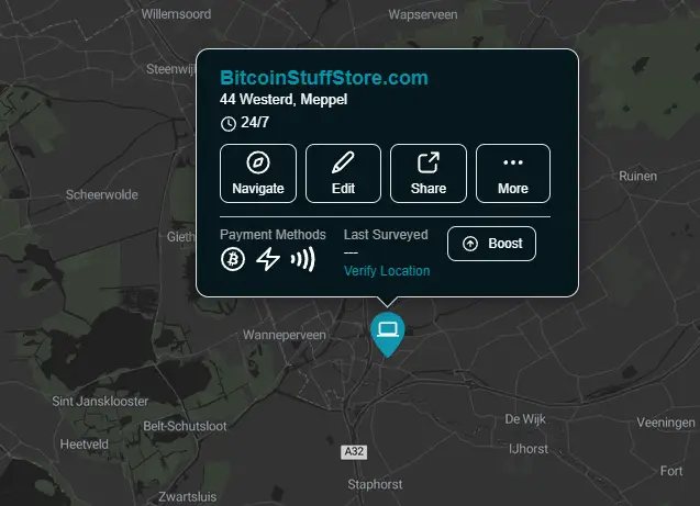 Bitcoin Merchandise - https://www.bitcoinstuffstore.com BitcoinStuffStore Meppel zichtbaar op btcmap.org voor anonieme bitcoin aankopen