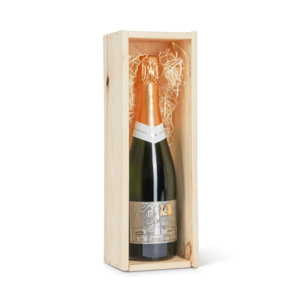 Bitcoin Merchandise - https://www.bitcoinstuffstore.com Luxe Bitcoin 200K Bubbels Cava in houten doos