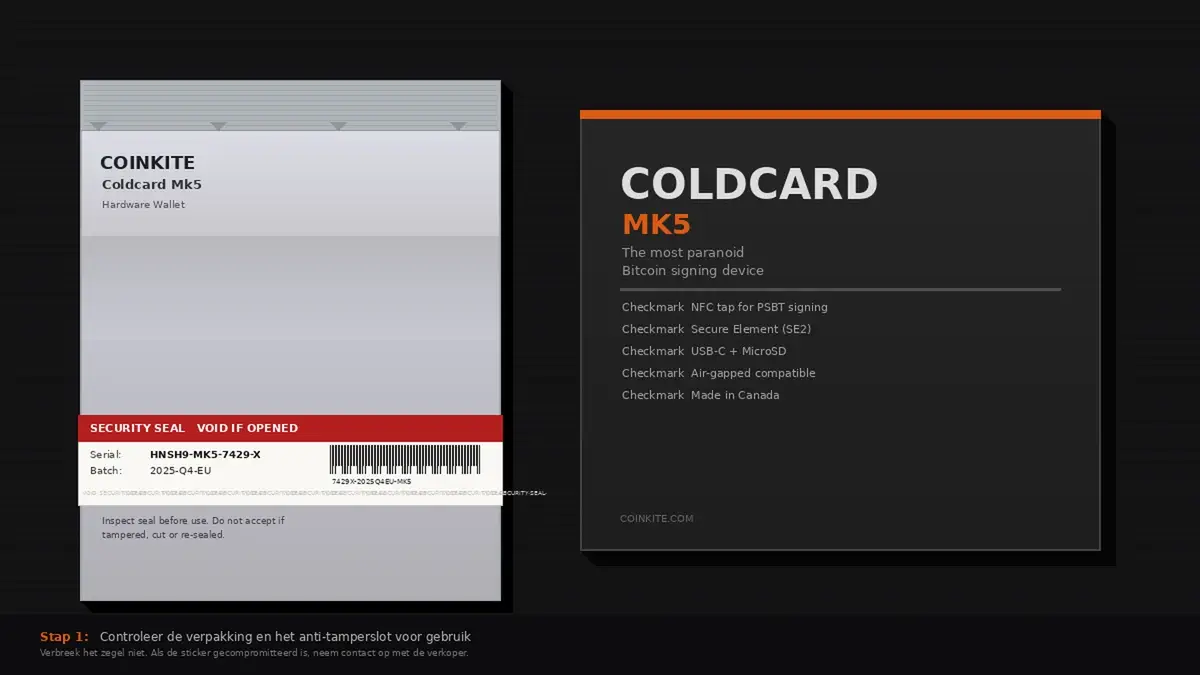 Bitcoin Merchandise - https://www.bitcoinstuffstore.com coldcard mk5 instellen - verpakking met echtheidscheck sticker