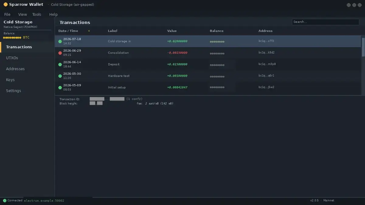 Bitcoin Merchandise - https://www.bitcoinstuffstore.com Sparrow Wallet gekoppeld aan Coldcard Mk5 voor air-gapped transacties