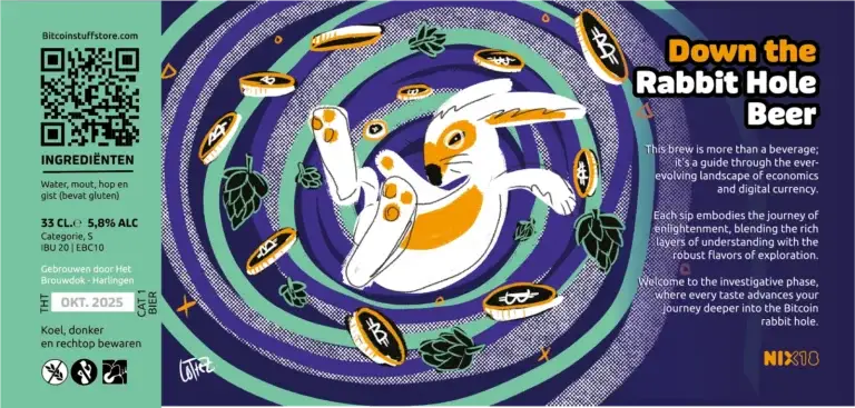 Bitcoin Merchandise - https://www.bitcoinstuffstore.com Etiket van Down the Rabbit Hole bier met een konijn in een wervel van munten
