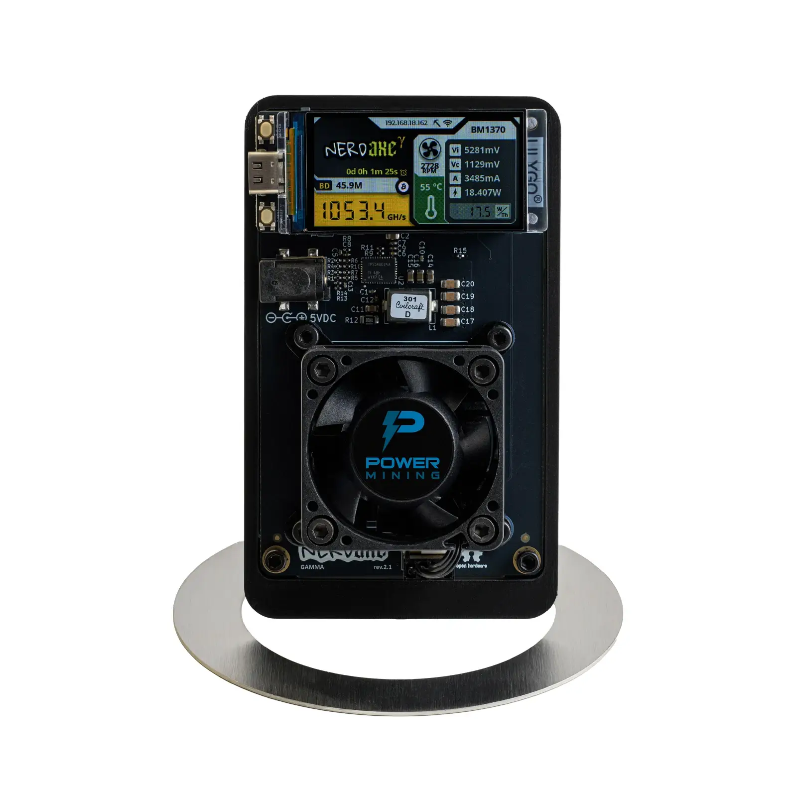 Nerdaxe Gamma bitcoin solo miner vooraanzicht met kleurendisplay en ventilator