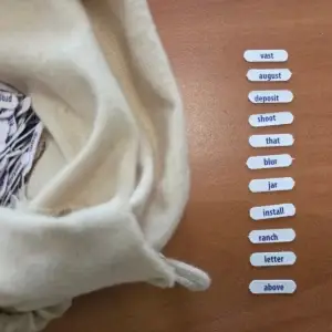 Mischsamen: Elf blind gezogene Samenwörter neben einem Stoffbeutel mit Chips