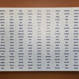 Seed-Phrase-Kauf: A5-Bogen mit BIP39-Wörtern als Ausdruckkarten, einer von sechs Bögen mit allen 2048 Wörtern