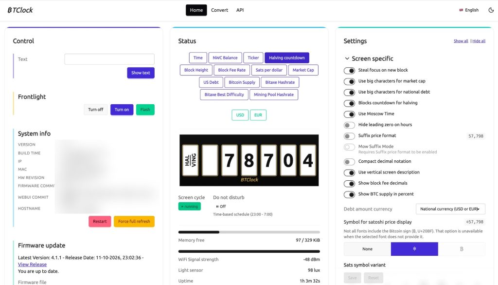Bitcoin-Waren - https://www.bitcoinstuffstore.com Die Weboberfläche der BTClock: Displays, Währung, Display-Wechsel und Einstellungen